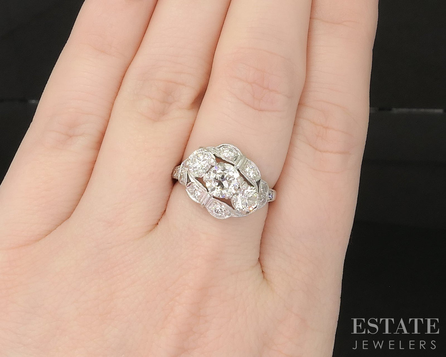 Art Deco Platinum Natural 1.70ctw Diamond Three Stone Engagement Ring 5g p16270