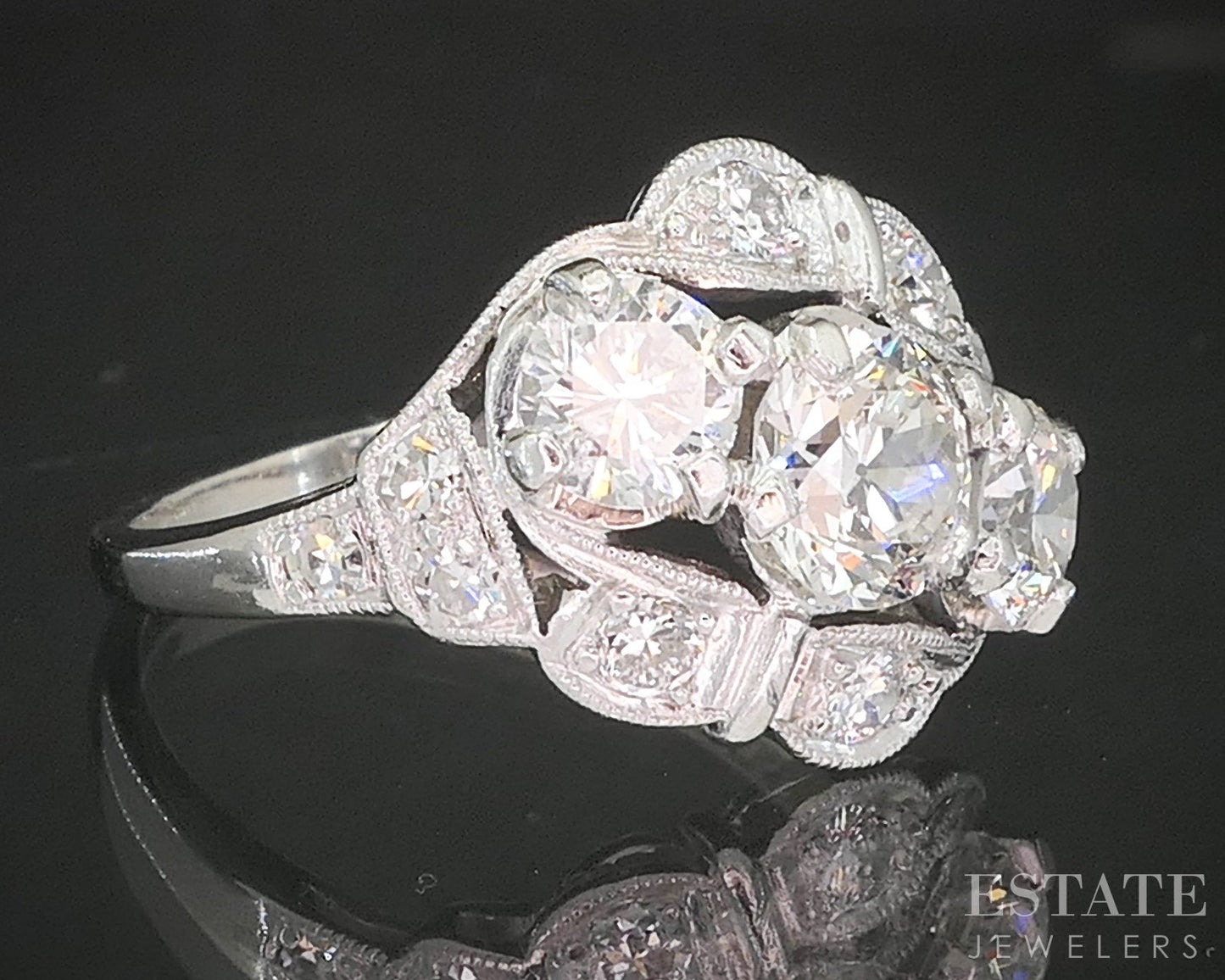 Art Deco Platinum Natural 1.70ctw Diamond Three Stone Engagement Ring 5g p16270