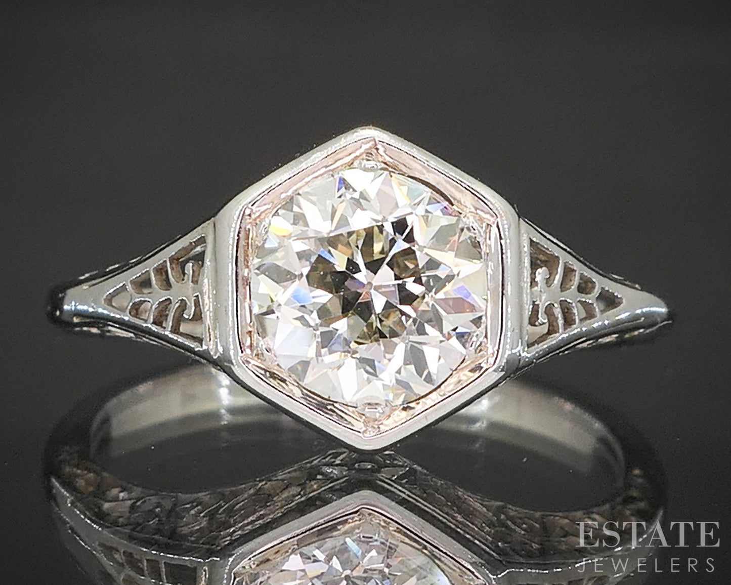 Antique Art Deco 18k White Gold European 1.02ct Diamond Filigree Ring p16251