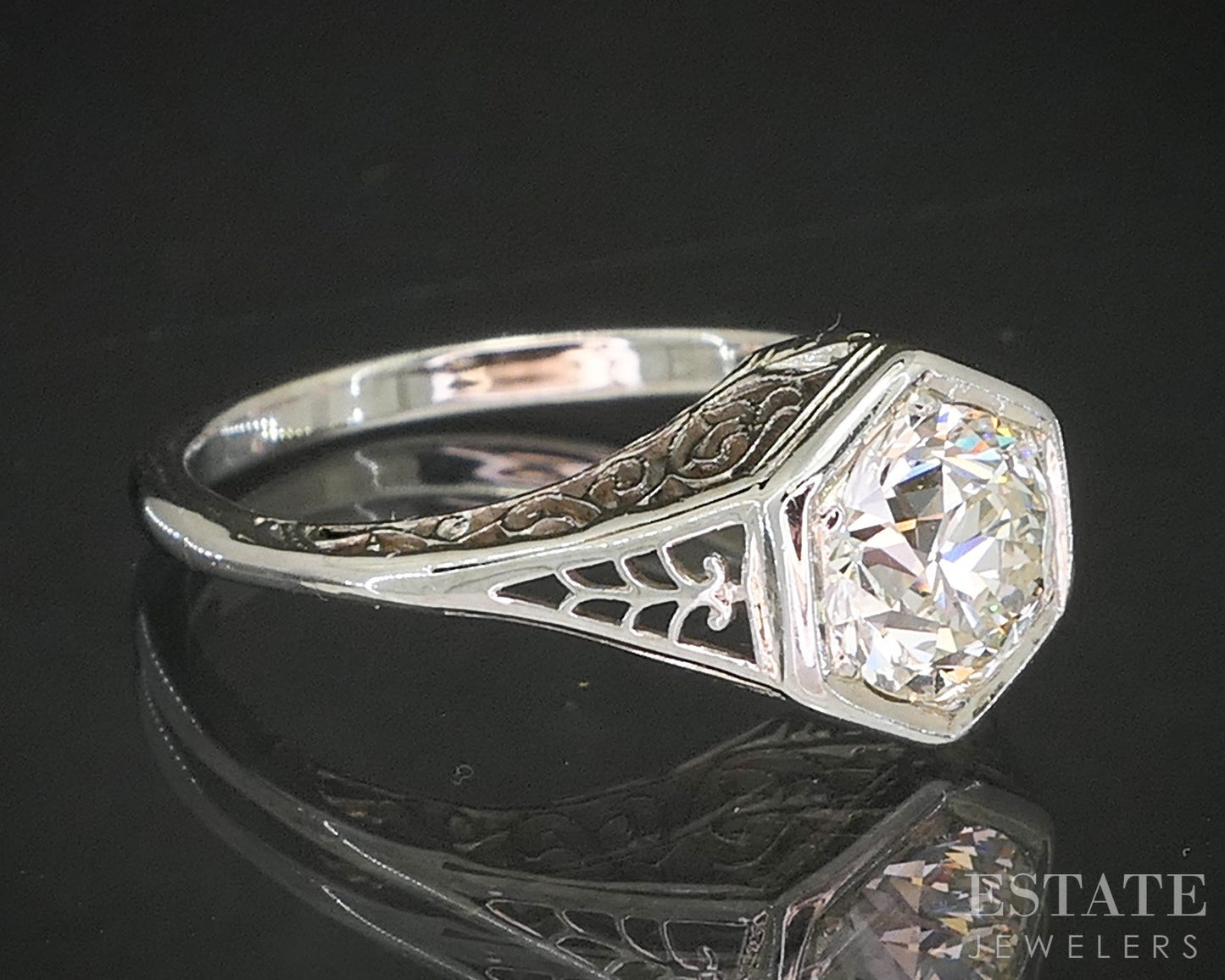 Antique Art Deco 18k White Gold European 1.02ct Diamond Filigree Ring p16251