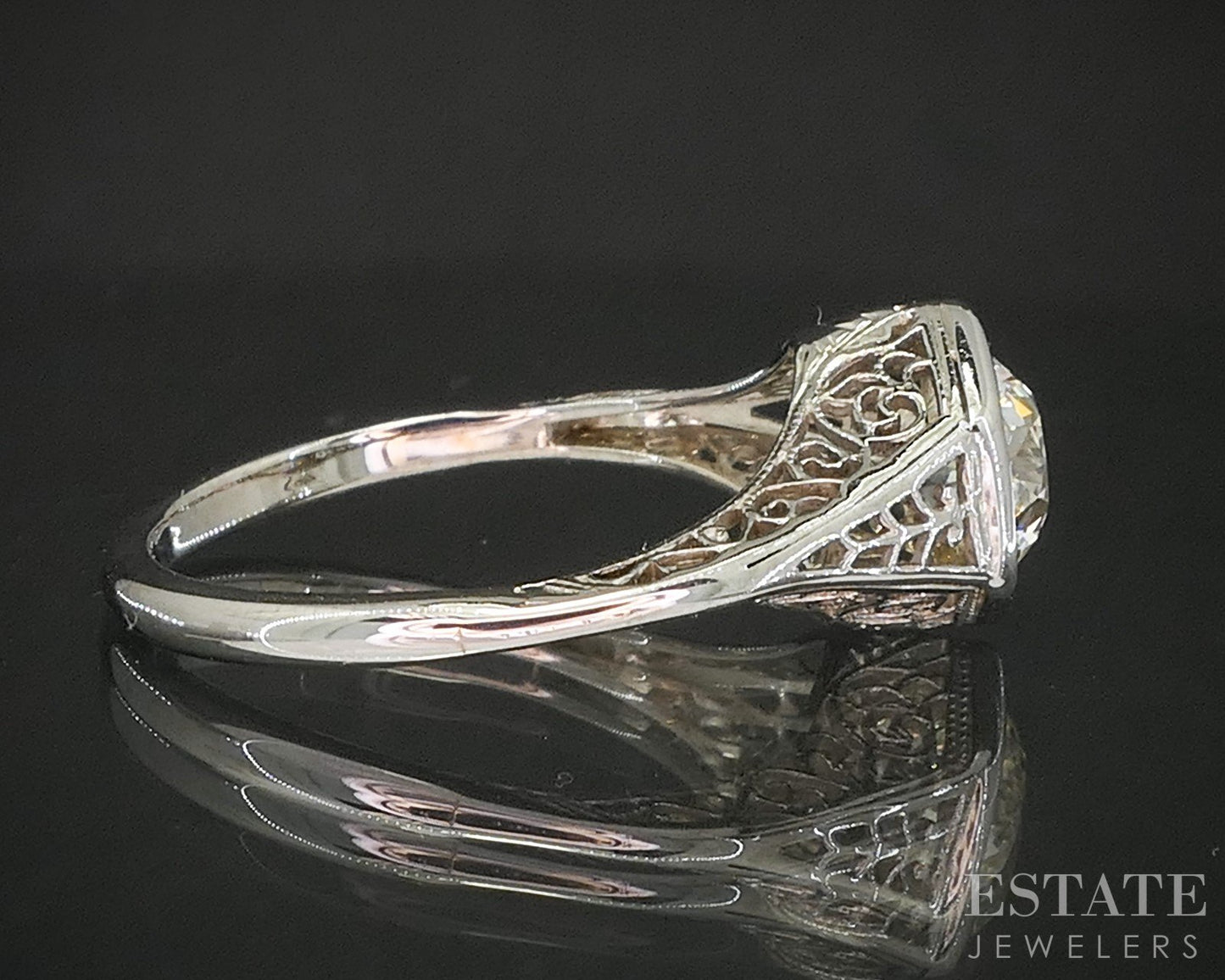 Antique Art Deco 18k White Gold European 1.02ct Diamond Filigree Ring p16251