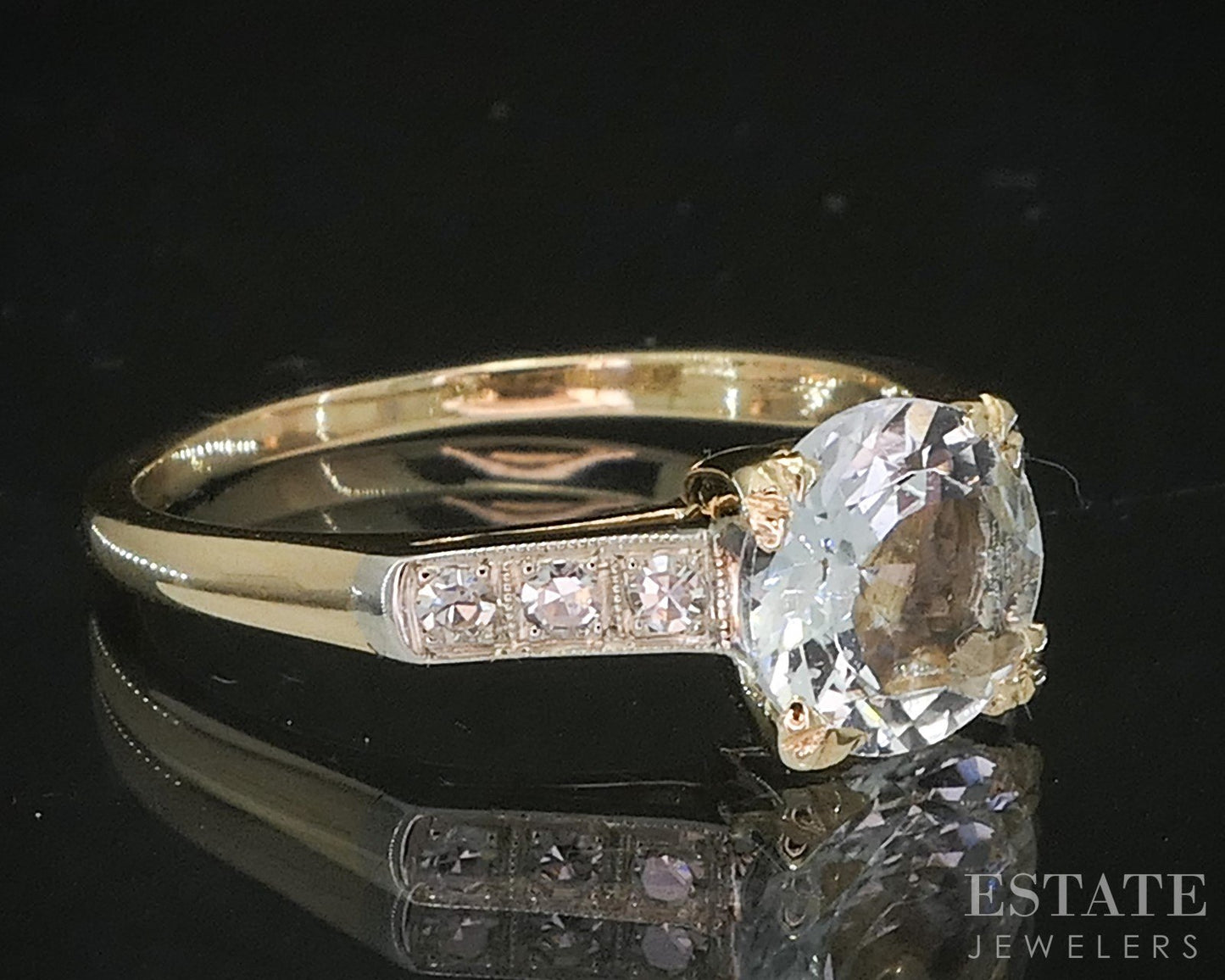 Vintage 14k Yellow & White Gold Natural Aquamarine & Diamond Ring 2.2g p16244