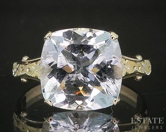Antique 10k Yellow Gold Cushion Natural Aquamarine Ostby Barton Ring 2.1g p16236