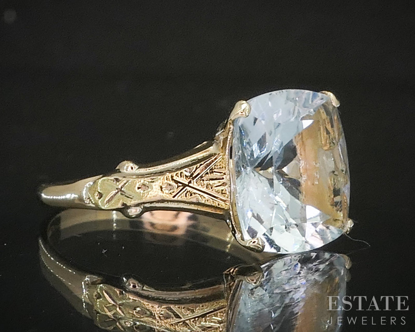 Antique 10k Yellow Gold Cushion Natural Aquamarine Ostby Barton Ring 2.1g p16236