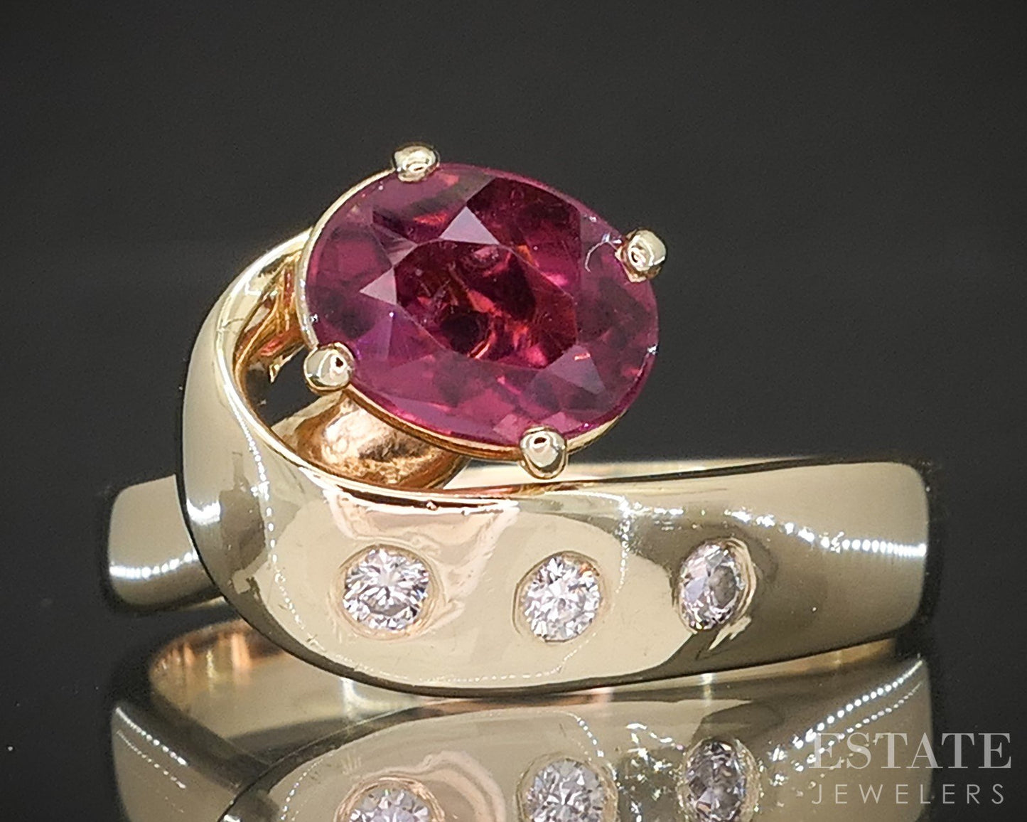 14k Yellow Gold Natural Pink Tourmaline & Diamond Swirl Ring 5.9g p16274