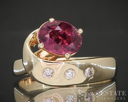 14k Yellow Gold Natural Pink Tourmaline & Diamond Swirl Ring 5.9g p16274