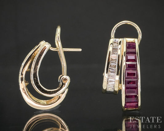 14k Yellow Gold Ruby & Diamond Omega Back Hoop Earrings 6.1g p16273