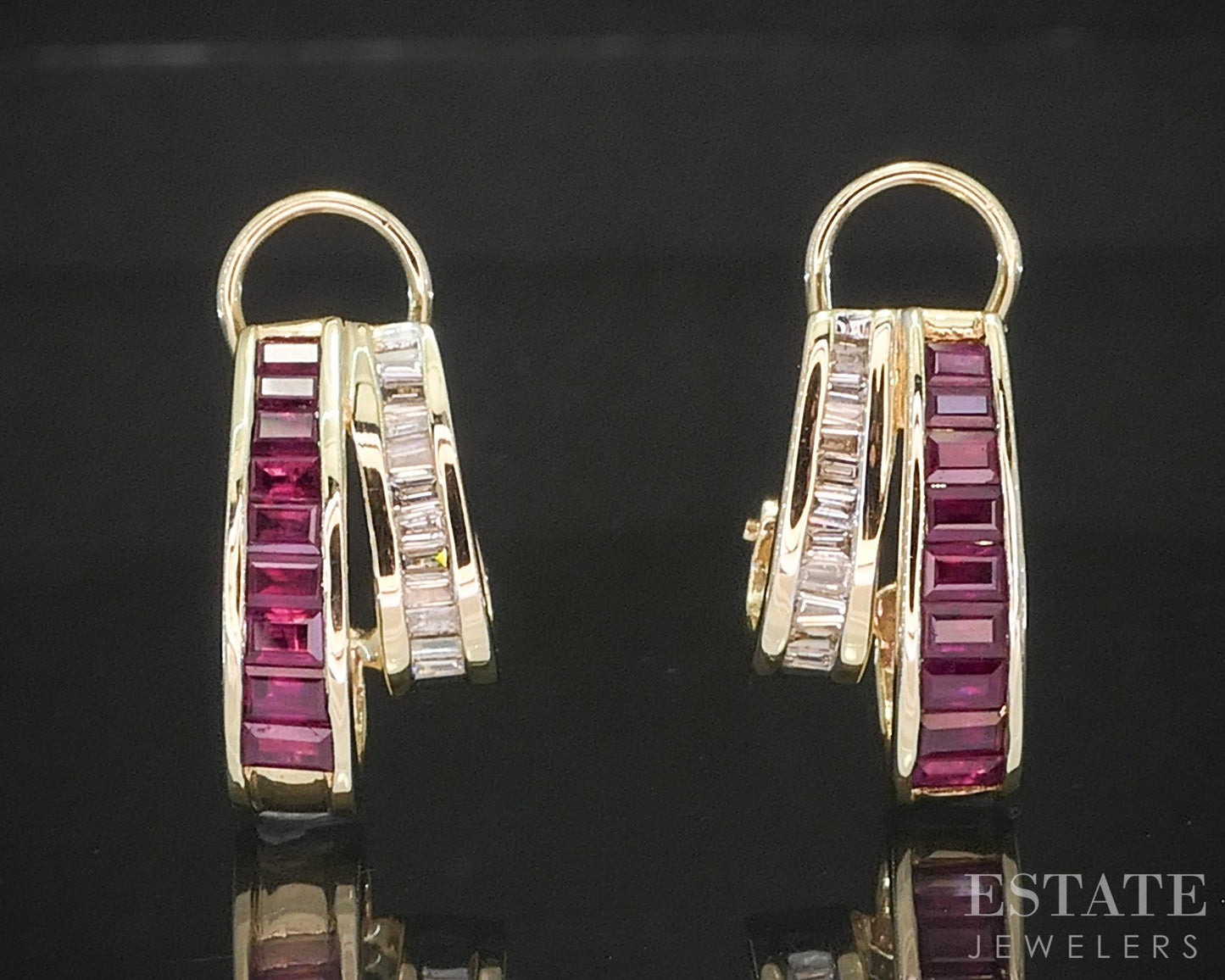 14k Yellow Gold Ruby & Diamond Omega Back Hoop Earrings 6.1g p16273