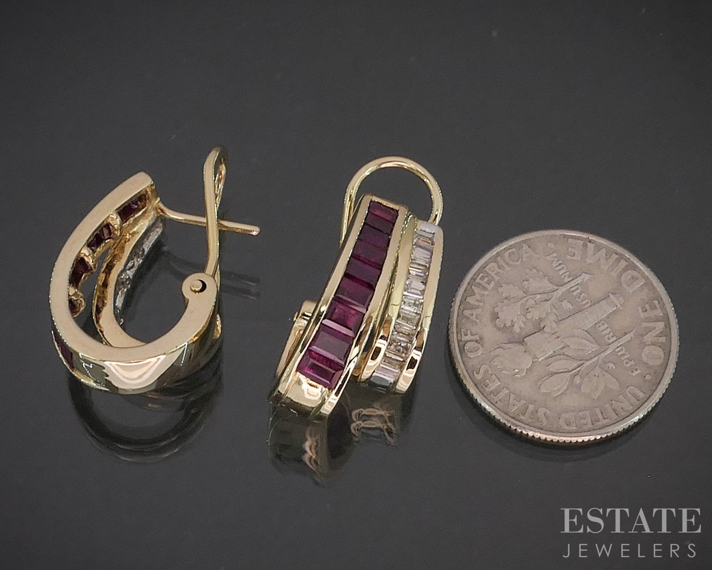 14k Yellow Gold Ruby & Diamond Omega Back Hoop Earrings 6.1g p16273