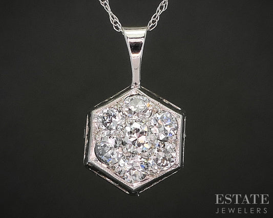 Antique 14k White Gold OEC Natural .50ctw Diamond Cluster Necklace 1.8g p16235