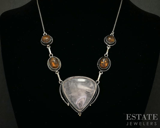 Vintage Sterling Silver Natural Rose Quartz & Amber Ladies Necklace 25g p16234