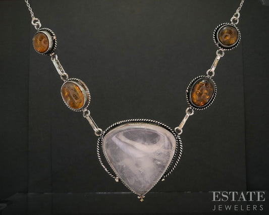 Vintage Sterling Silver Natural Rose Quartz & Amber Ladies Necklace 25g p16234