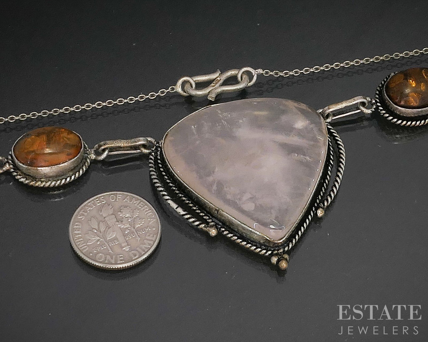 Vintage Sterling Silver Natural Rose Quartz & Amber Ladies Necklace 25g p16234