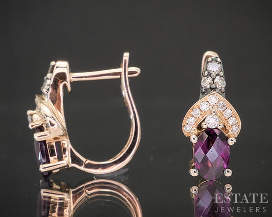 14k Strawberry Gold LeVian Natural Rhodolite Garnet & Diamond Earrings 3g p16228