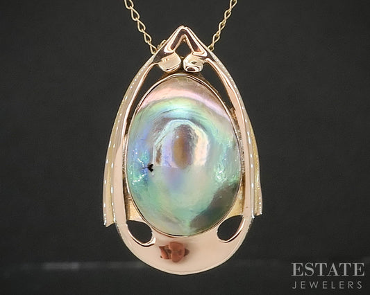 Vintage 14k Yellow Gold Gray Blister Pearl Ladies Necklace 4.2g 18"L p16225