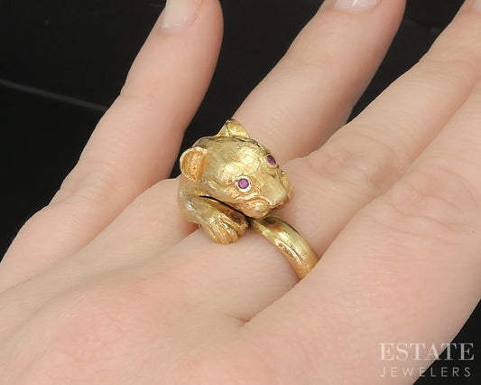 18k Yellow Gold Ilias Lalaounis Natural Ruby Eyes Panther Ring 13.3g p16224