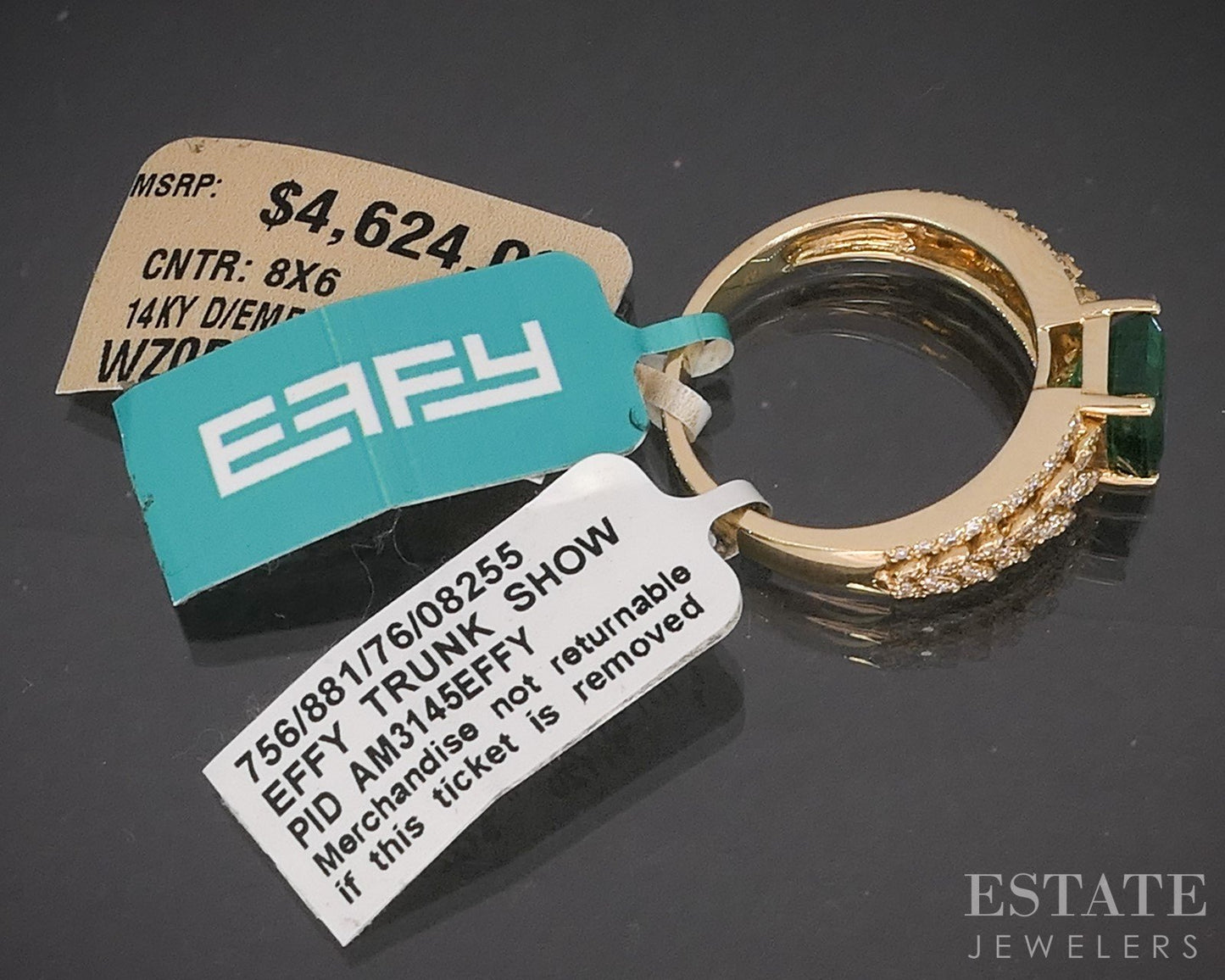 14k Yellow Gold EFFY Natural Emerald & Diamond Ladies Ring 4.9g p16294