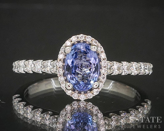 14k White Gold Oval Natural Tanzanite & Diamond Halo Ladies Ring 3.8g p15469