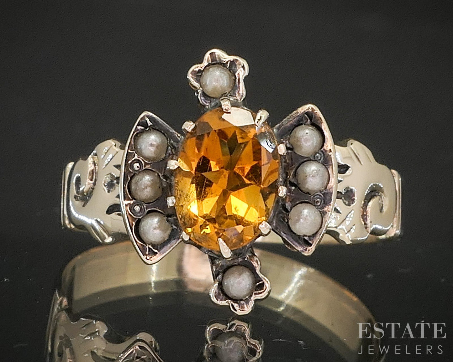 Antique Victorian 9k Yellow Gold Natural Citrine & Seed Pearl Ring 2.2g p15463