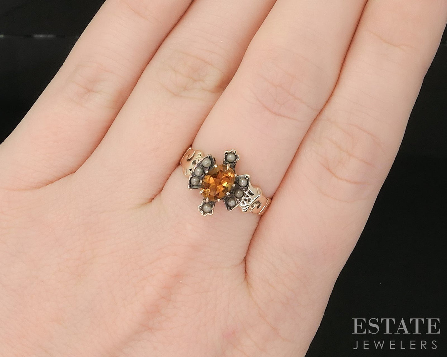 Antique Victorian 9k Yellow Gold Natural Citrine & Seed Pearl Ring 2.2g p15463