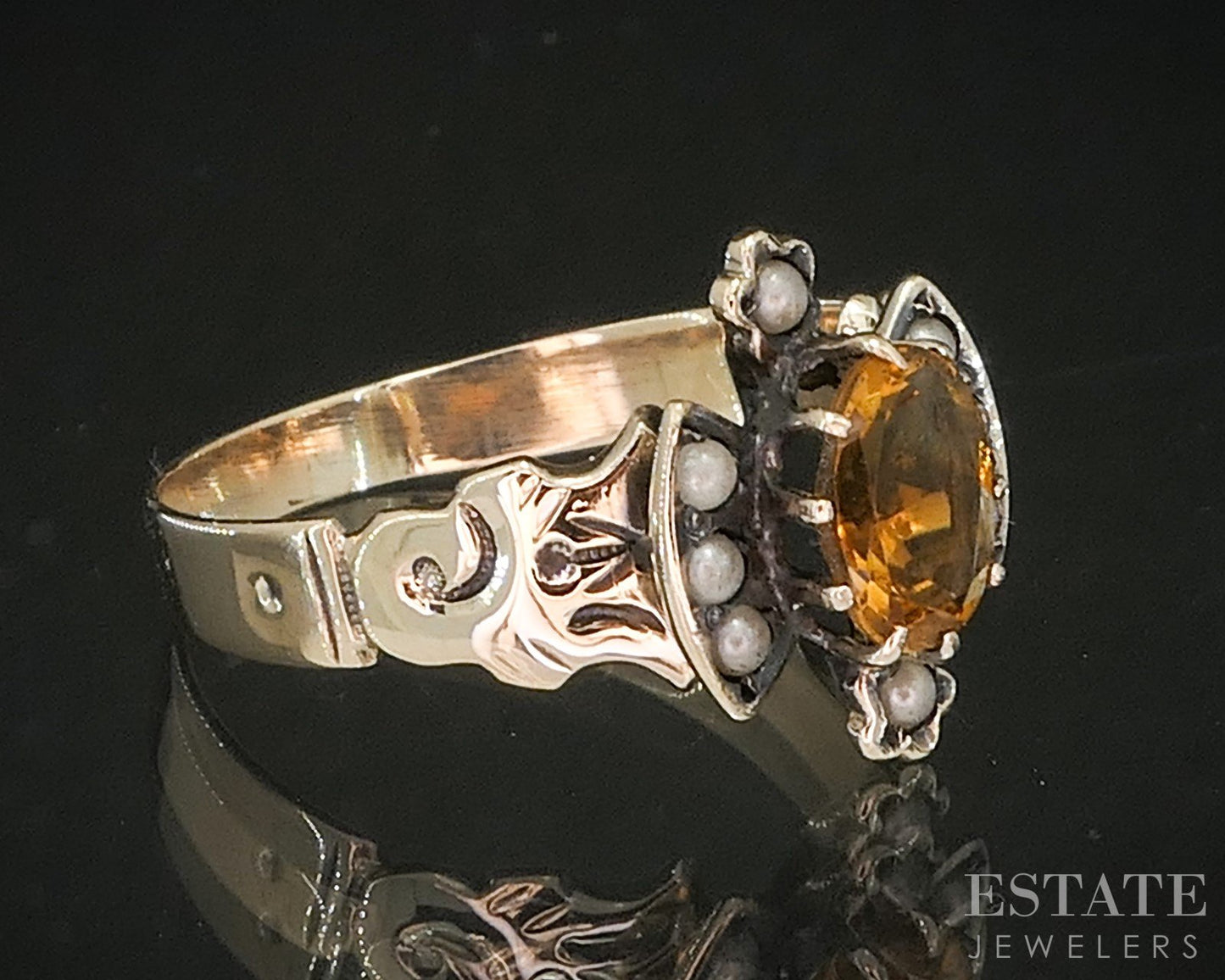 Antique Victorian 9k Yellow Gold Natural Citrine & Seed Pearl Ring 2.2g p15463