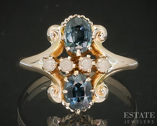 Antique 10k Yellow Gold Ostby Barton Natural Green Sapphire Pearl Ring p15462