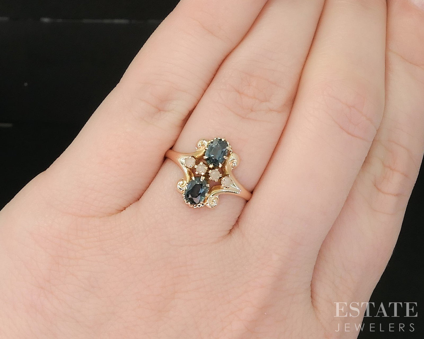 Antique 10k Yellow Gold Ostby Barton Natural Green Sapphire Pearl Ring p15462