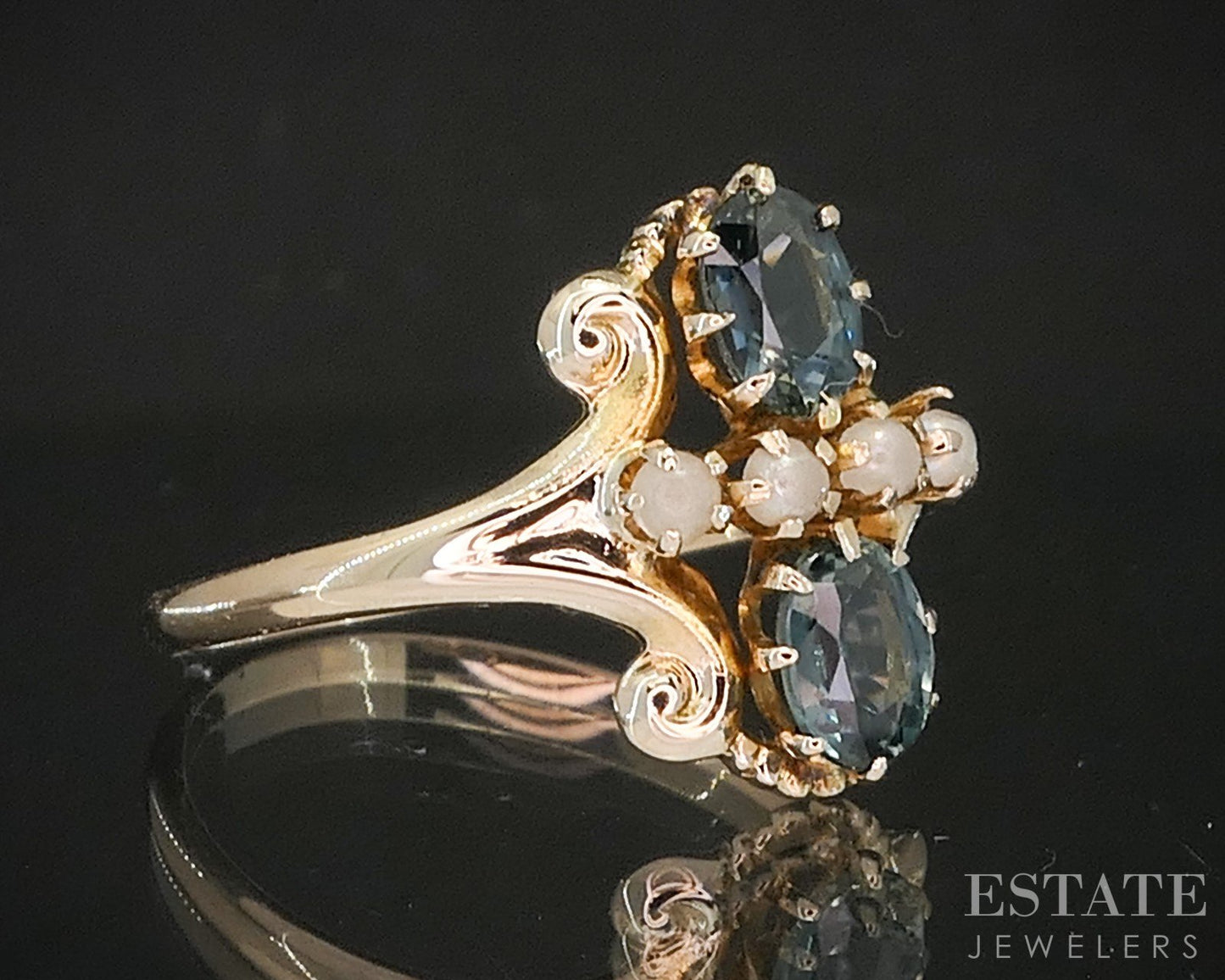 Antique 10k Yellow Gold Ostby Barton Natural Green Sapphire Pearl Ring p15462