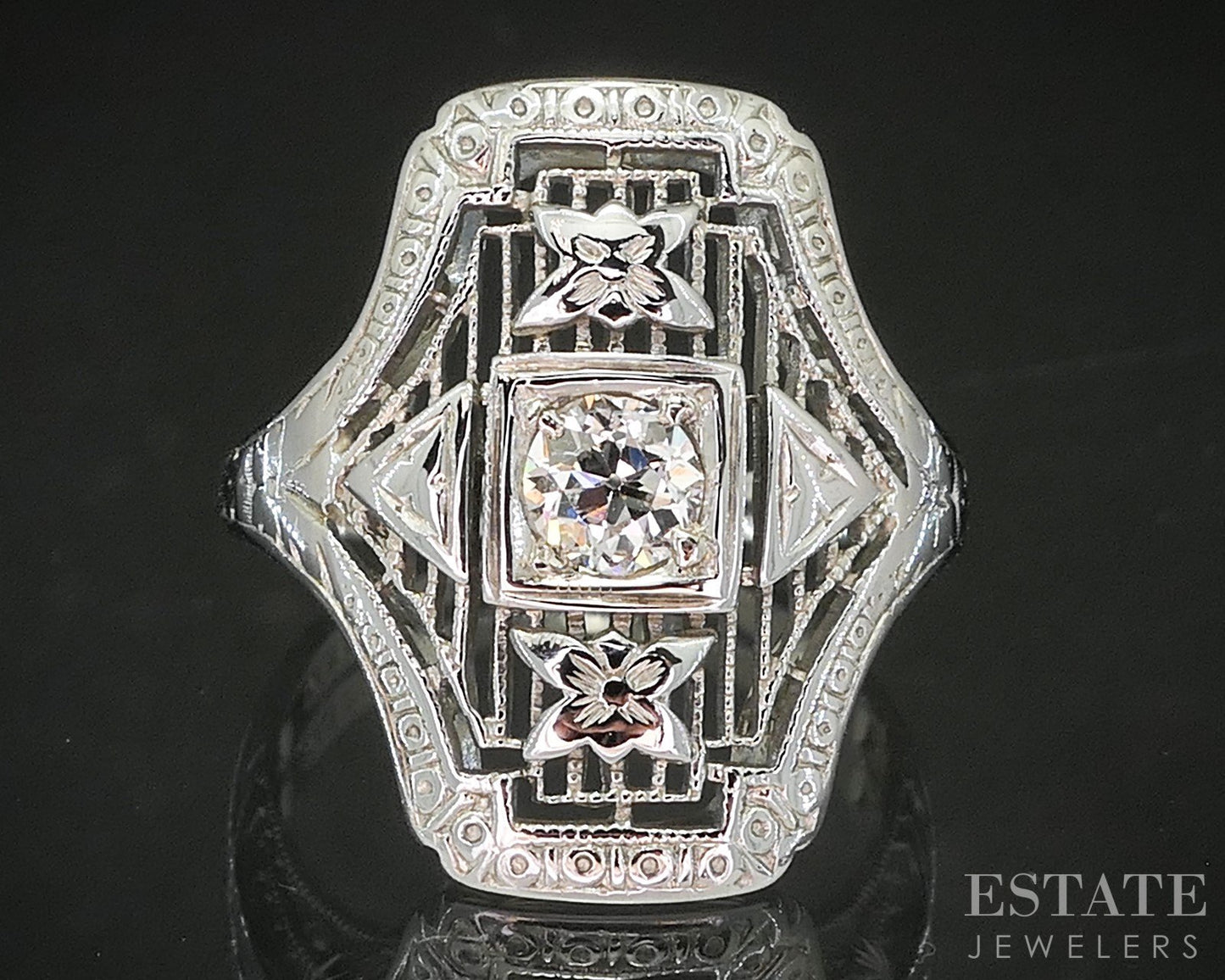 Antique 18k White Gold OEC Natural .27ct Diamond Filigree Ring 2.8g p15461