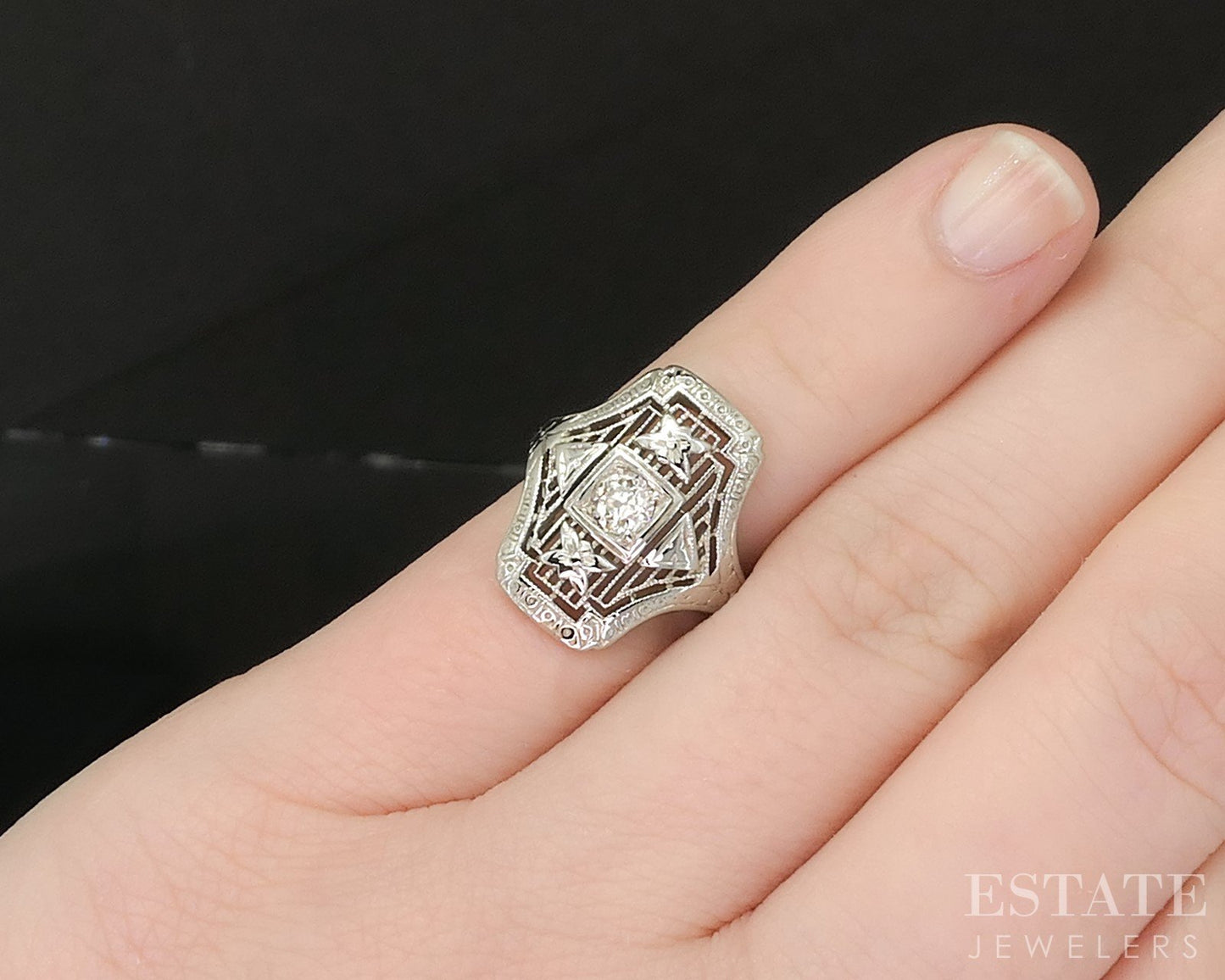 Antique 18k White Gold OEC Natural .27ct Diamond Filigree Ring 2.8g p15461