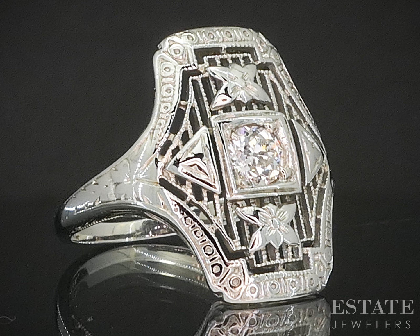 Antique 18k White Gold OEC Natural .27ct Diamond Filigree Ring 2.8g p15461