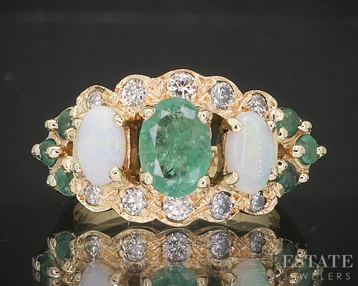 14k Yellow Gold Natural Emerald Opal & Diamond Ladies Band Ring 6.8g p91179