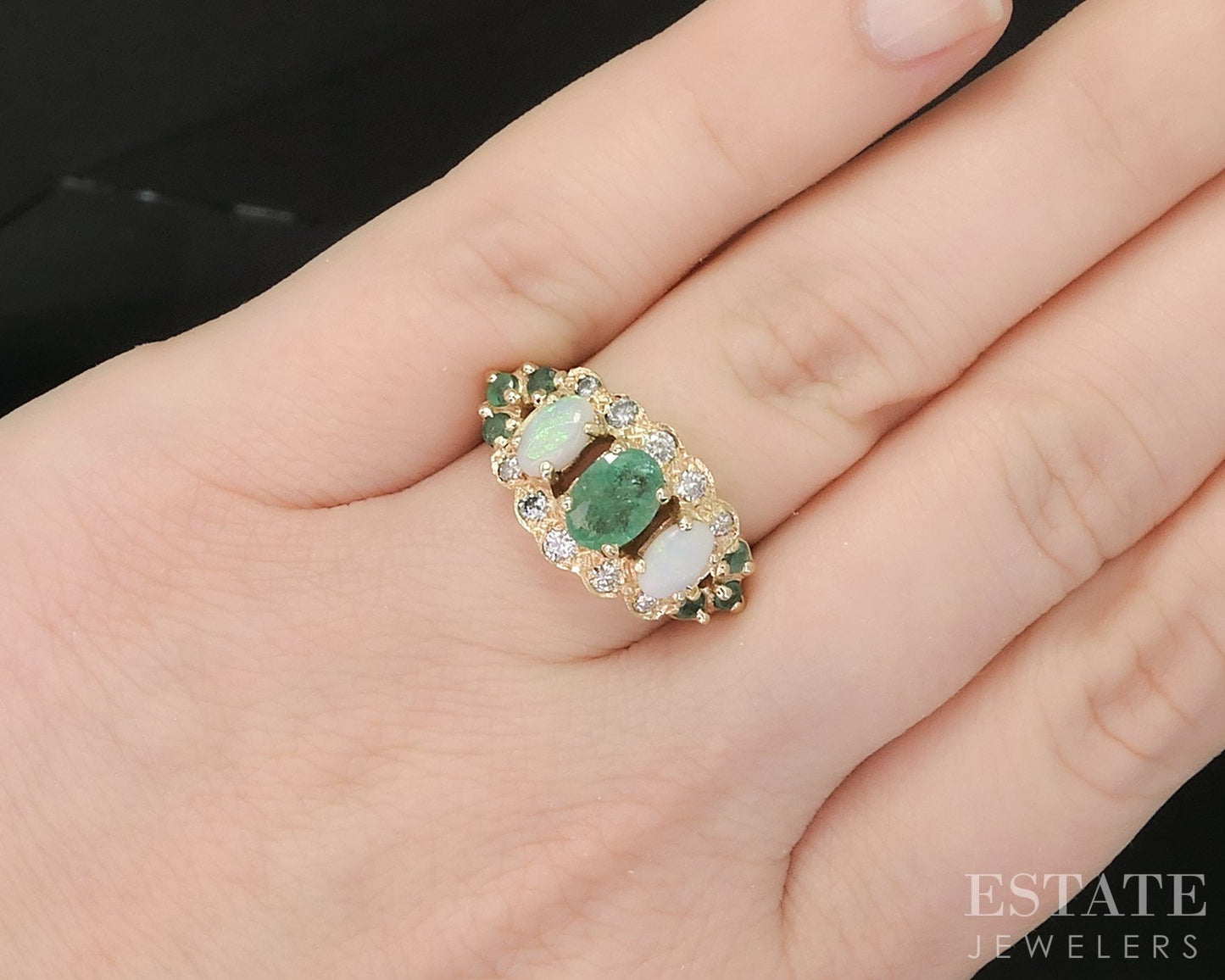 14k Yellow Gold Natural Emerald Opal & Diamond Ladies Band Ring 6.8g p91179