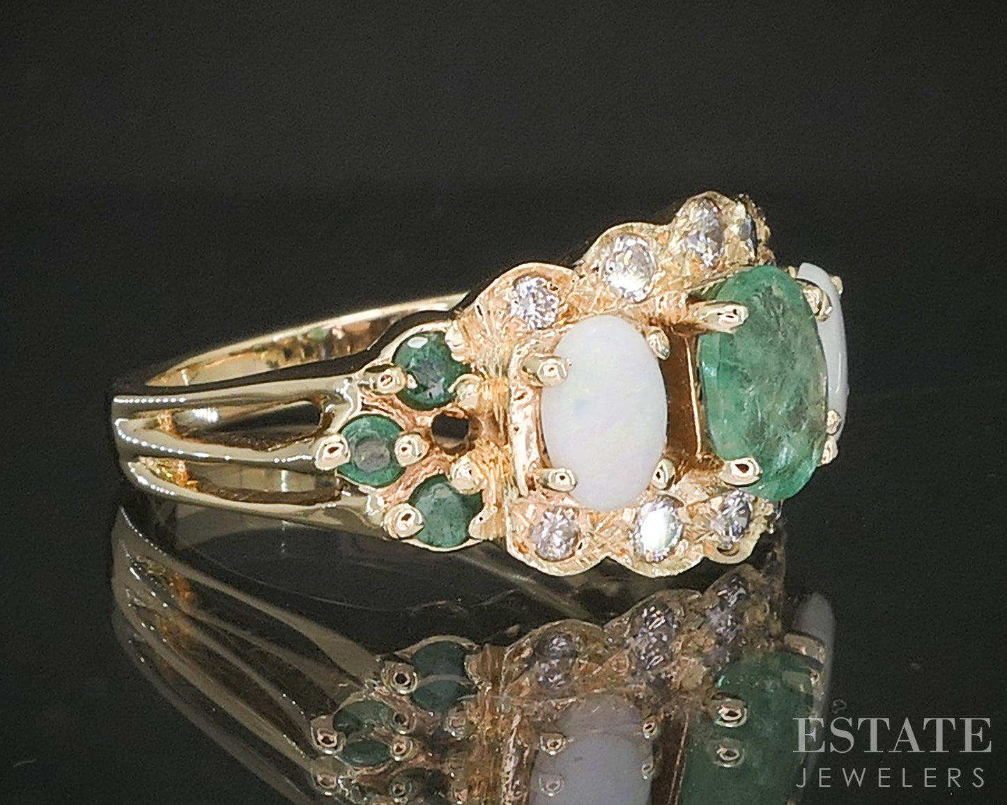 14k Yellow Gold Natural Emerald Opal & Diamond Ladies Band Ring 6.8g p91179