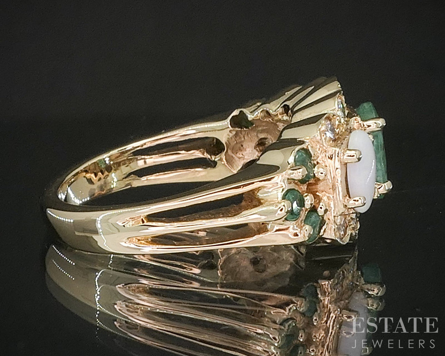 14k Yellow Gold Natural Emerald Opal & Diamond Ladies Band Ring 6.8g p91179