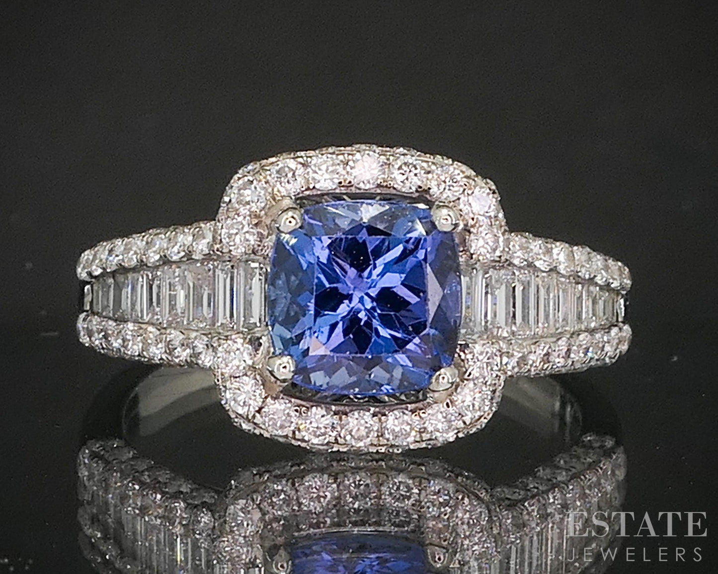 18k White Gold Cushion Natural Tanzanite & 1.24ctw Diamond Halo Ring 5.7g p15445