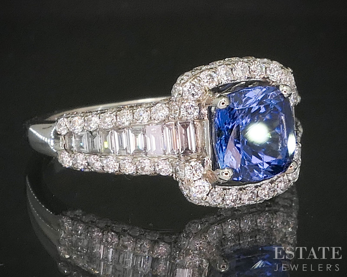 18k White Gold Cushion Natural Tanzanite & 1.24ctw Diamond Halo Ring 5.7g p15445