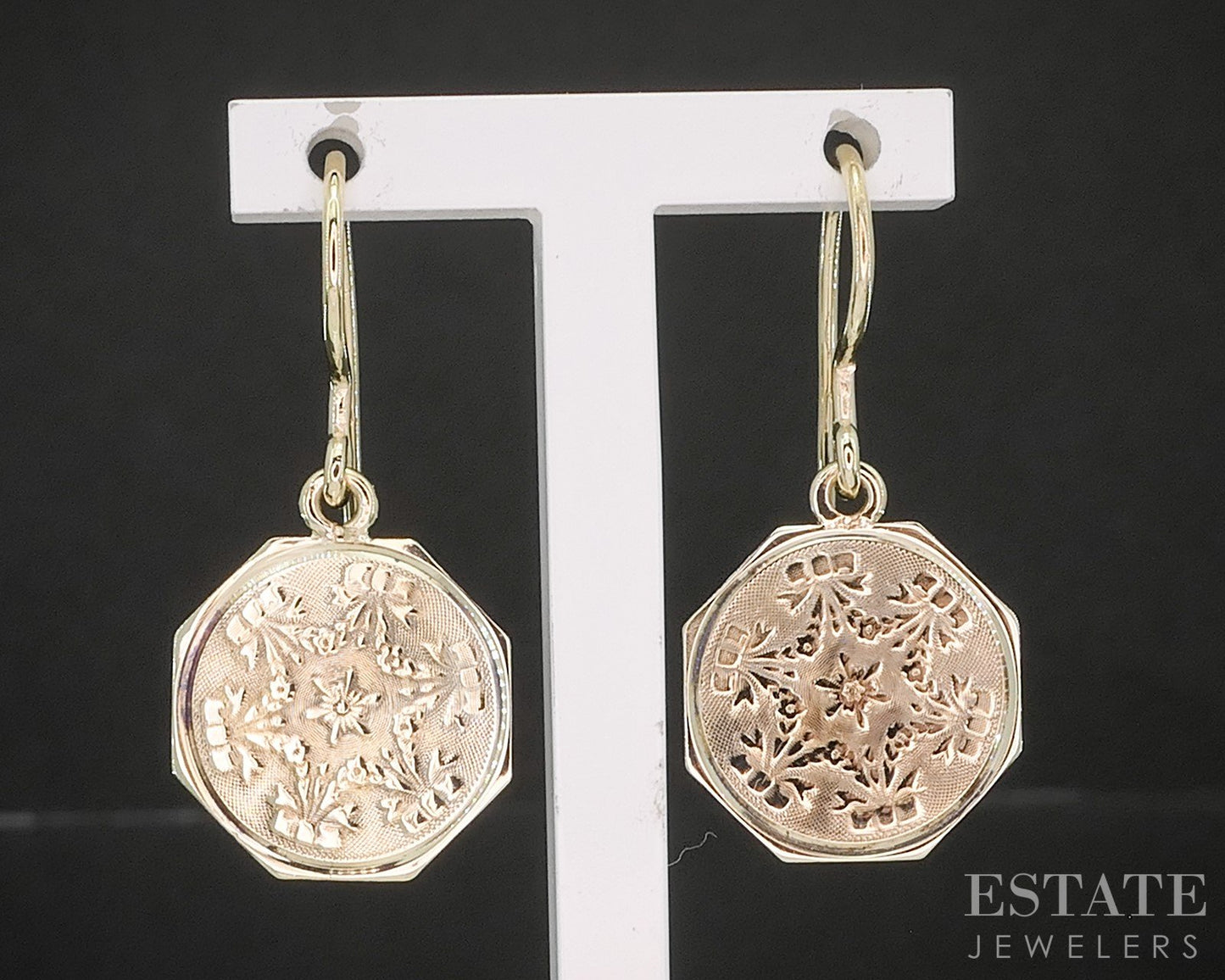 Antique 14k Yellow Gold Bow Floral Motif Octagon Dangle Earrings 3.3g p15470