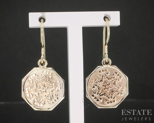 Antique 14k Yellow Gold Bow Floral Motif Octagon Dangle Earrings 3.3g p15470