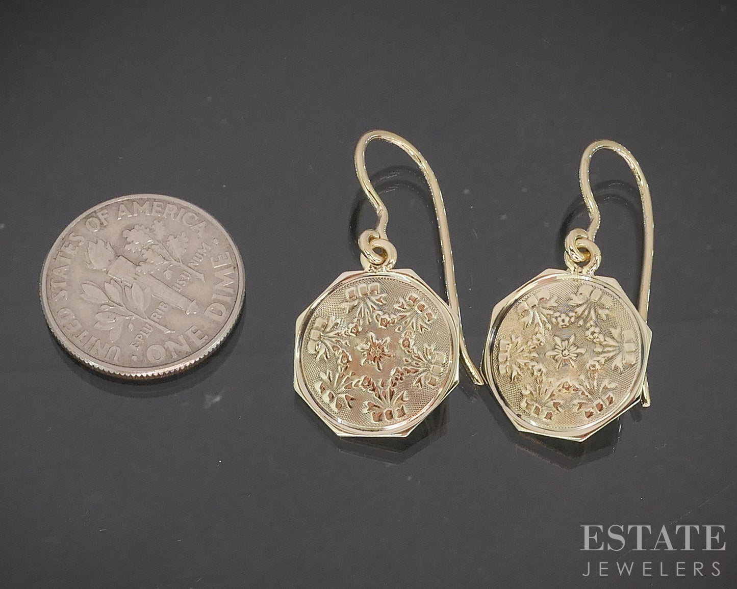 Antique 14k Yellow Gold Bow Floral Motif Octagon Dangle Earrings 3.3g p15470