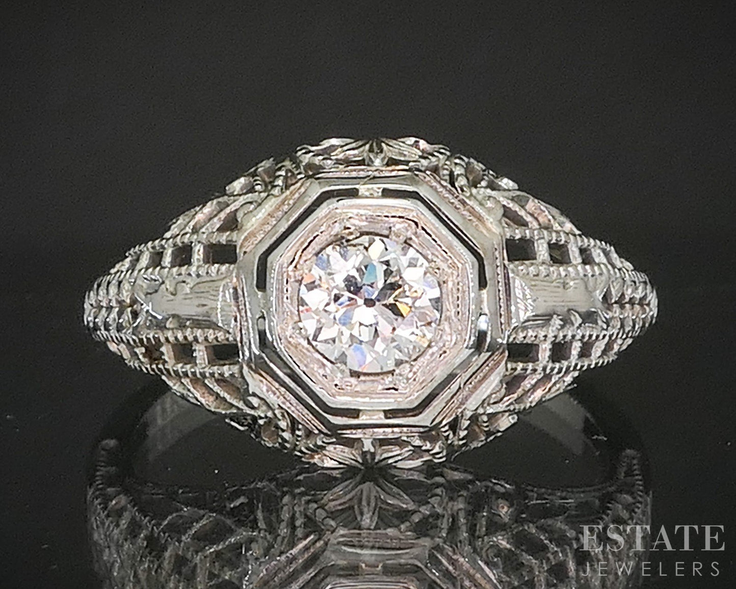 Antique 18k White Gold OEC Natural .21ct Diamond Filigree Solitaire Ring p15444