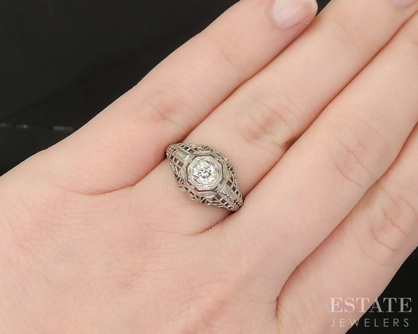 Antique 18k White Gold OEC Natural .21ct Diamond Filigree Solitaire Ring p15444