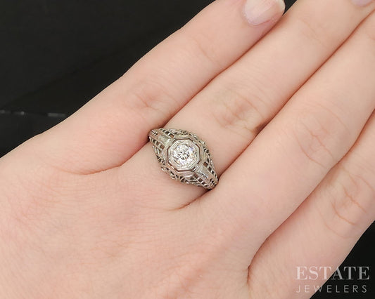 Antique 18k White Gold OEC Natural .21ct Diamond Filigree Solitaire Ring p15444