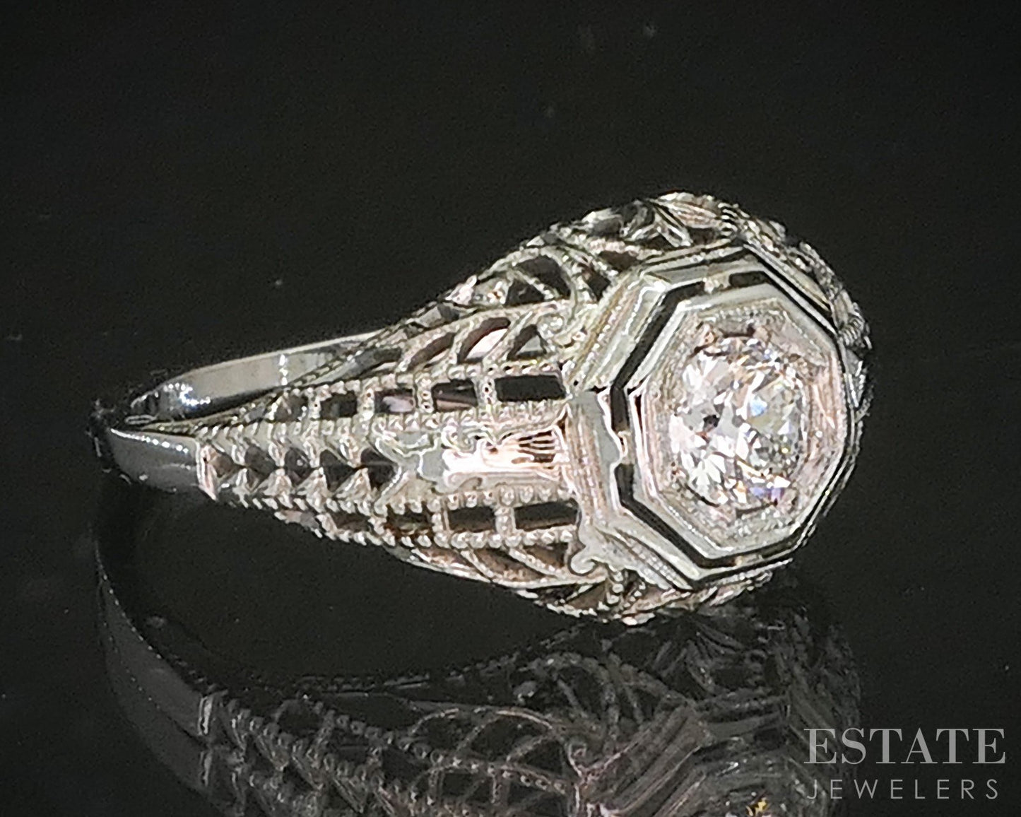 Antique 18k White Gold OEC Natural .21ct Diamond Filigree Solitaire Ring p15444