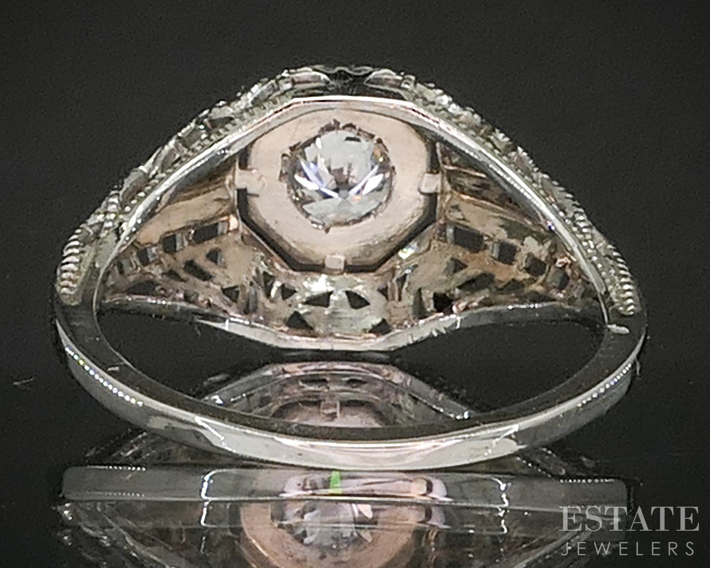 Antique 18k White Gold OEC Natural .21ct Diamond Filigree Solitaire Ring p15444