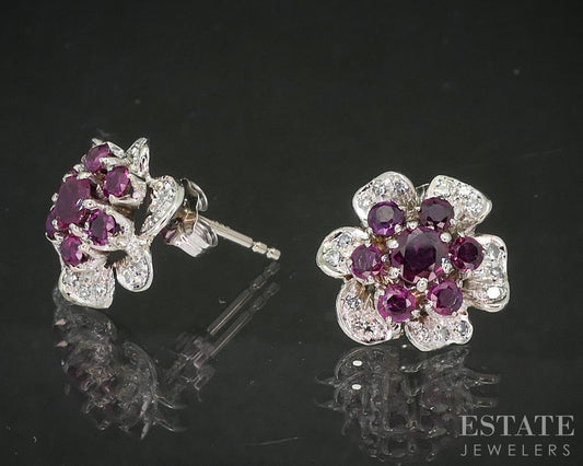 18k White Gold Natural Ruby & Diamond Flower Stud Earrings 4.1g p15471