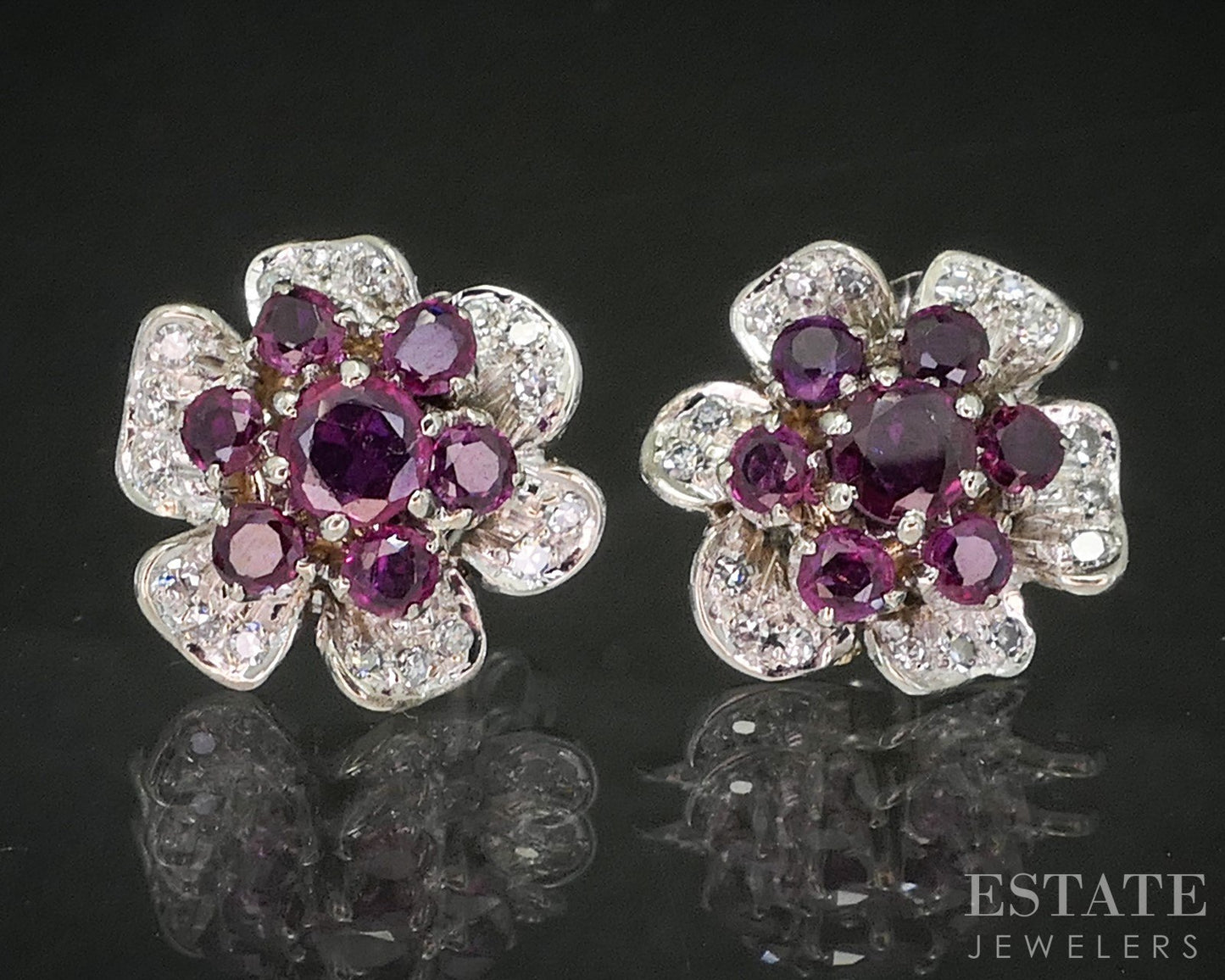18k White Gold Natural Ruby & Diamond Flower Stud Earrings 4.1g p15471