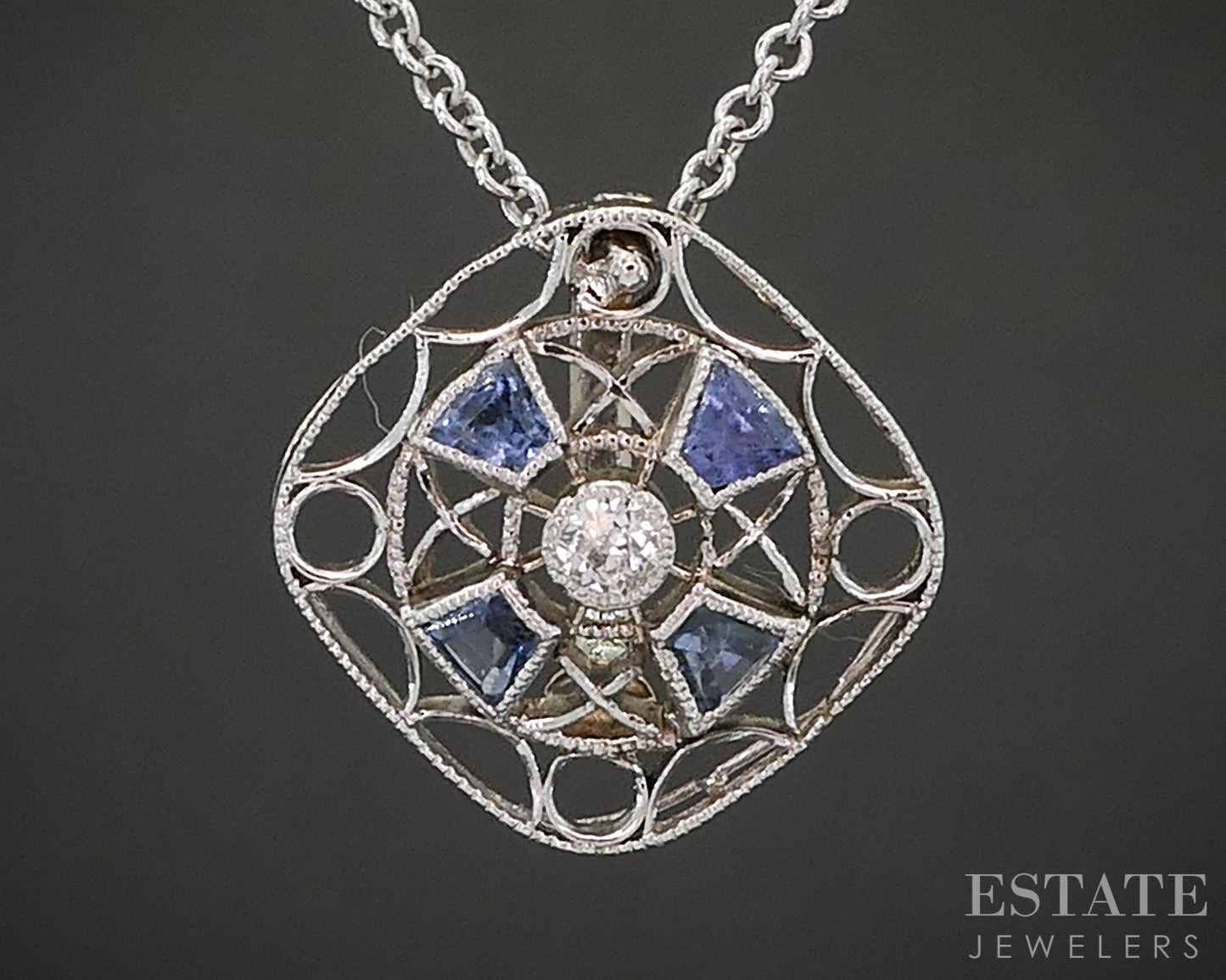 Antique Art Deco Platinum & 14k Diamond & Blue Sapphire Necklace 2.4g p15472