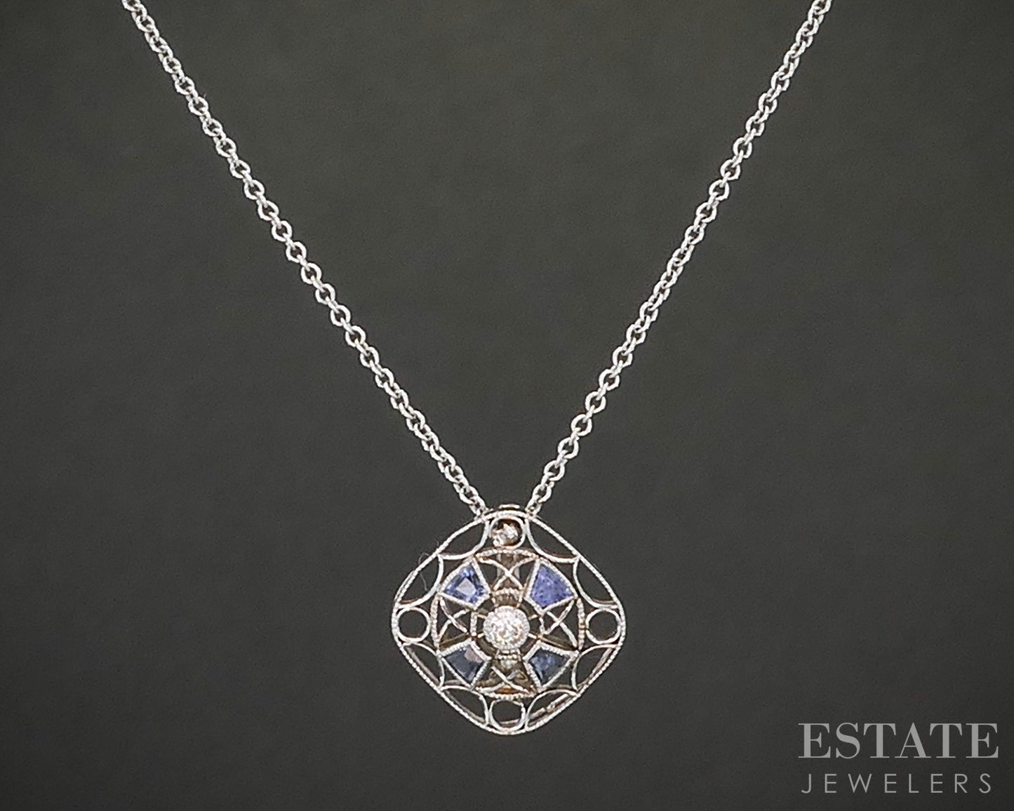 Antique Art Deco Platinum & 14k Diamond & Blue Sapphire Necklace 2.4g p15472