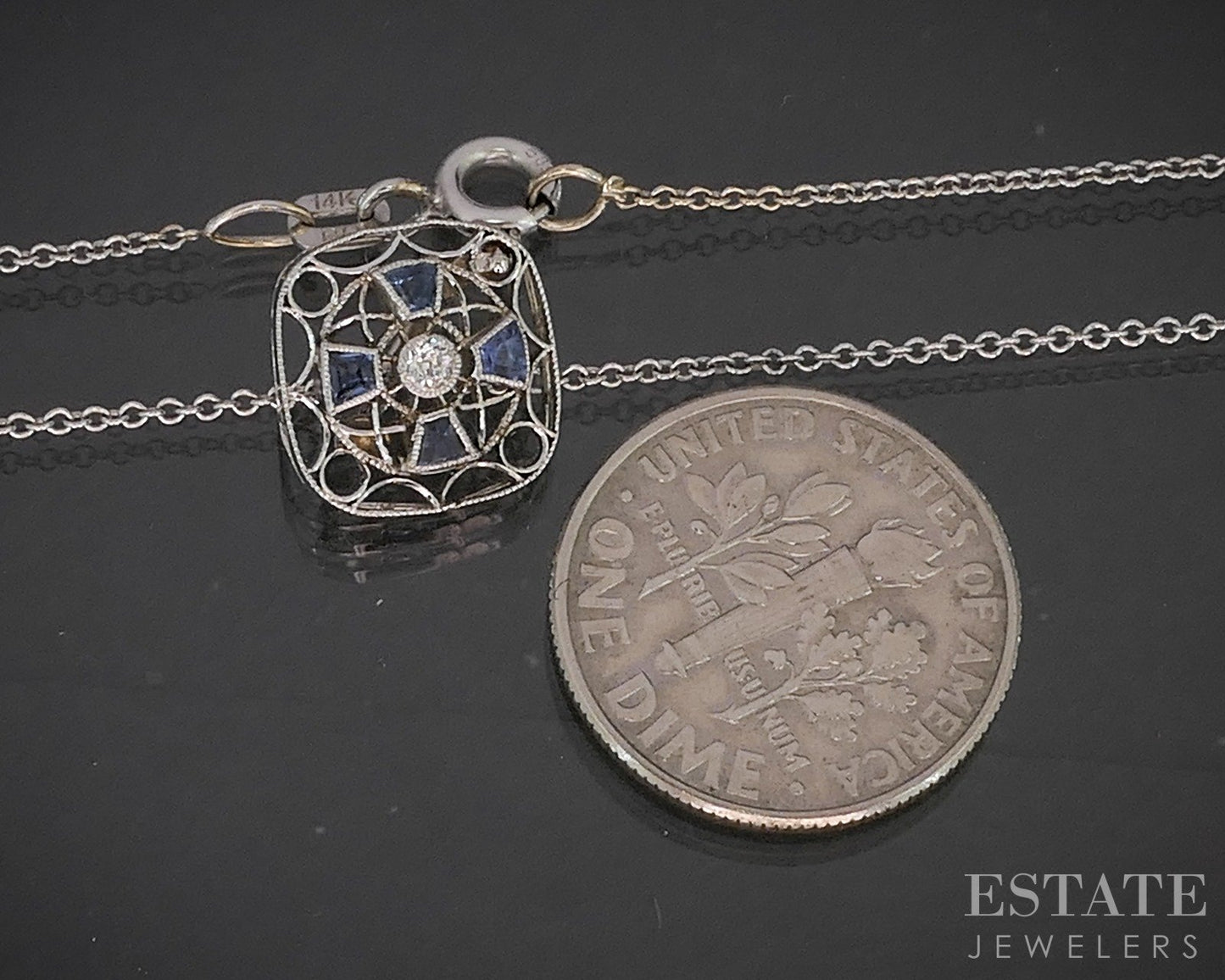 Antique Art Deco Platinum & 14k Diamond & Blue Sapphire Necklace 2.4g p15472